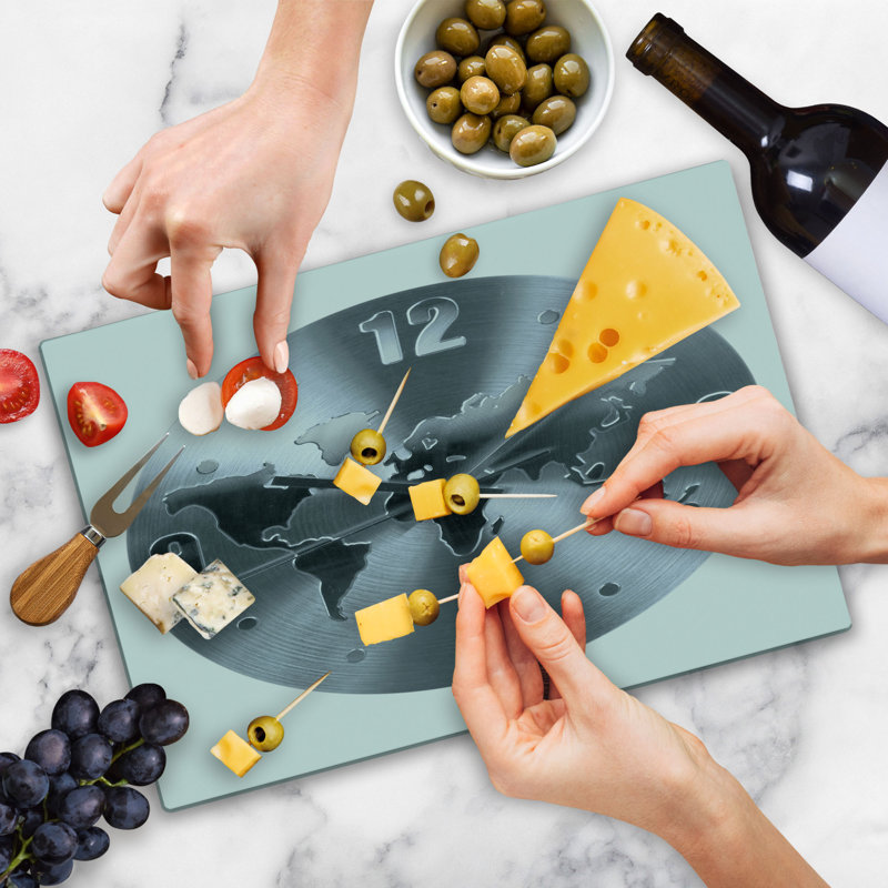 Ambesonne Grey Cutting Board Large Size World Map Clock Pattern Blue Grey