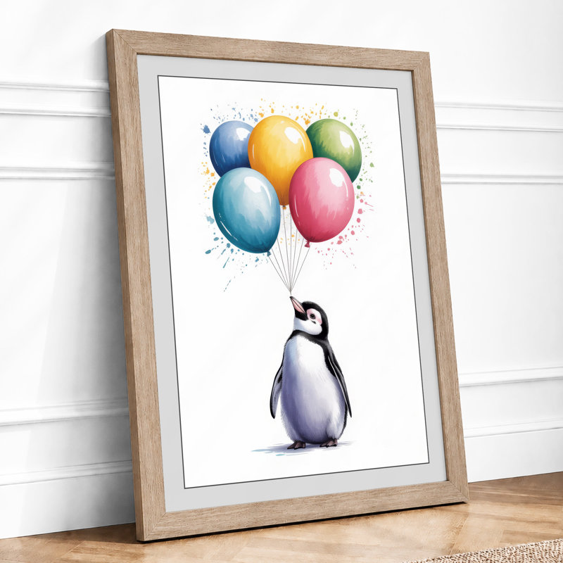 Penguin and Balloons Whimsical - Framed Print, A1 - 84.1 x 59.4 cm, Oak