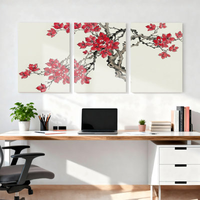 Red Cherry Blossom Branches Oriental Style Canvas Wrapped Wall Art Oil Painting Print Set Of 3