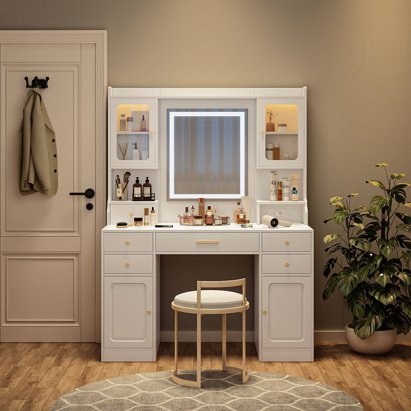 Grande coiffeuse avec miroir, 6 tiroirs et tablettes, bureau de commode