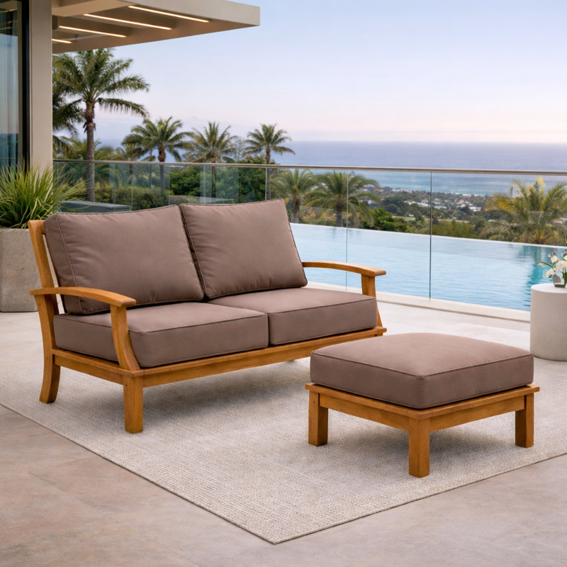 Galvan Solid Wood Teak Outdoor Ottoman, Tan