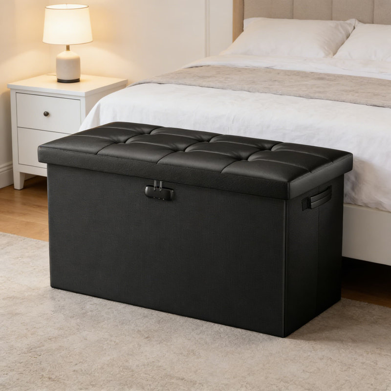 Fireproof And Waterproof Storage Ottoman Bench With Lock, 30 Inch Fire-Resistant Leather Storage Chest For Documents And Valuables, Foldable Footrest Stool With 700 Lb Capacity