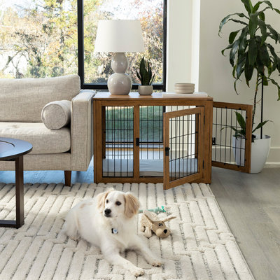 Cage pour chien PETMAKER style meuble - Niche en bois d'acacia avec double porte et coussin - Meuble pour cage de chien de taille moyenne (naturel)