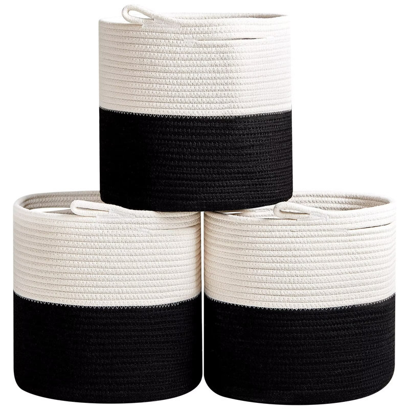 Dovecove Storage Cube Bins - 3 Pack | Rope Basket - Storage Bins for Cube Organizer, Black/White