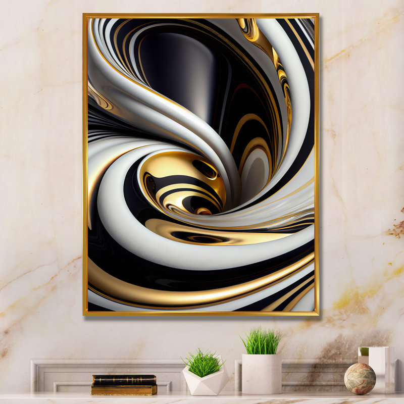 Or noir et blanc vitrail I - abstrait spirales sur toile, art mural, H 32 po x l 16 po, Toile avec cadre flottant, Doré