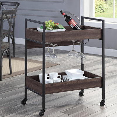Rectangular Serving Cart with 2 Tier Shelf, Walnut and Black