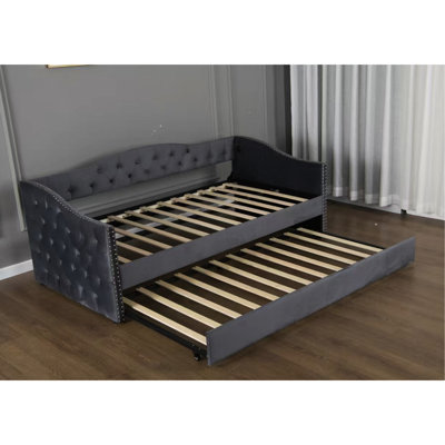 Gray Twin Daybed With Trundle, Charging On Arm, Wood Slat Support, Velvet Upholstery, Mid - Century Style Nailhead Trimmed Waved Arms, Bedroom Relax Spot Size Feature, Bed Frame, Inspired Delight
