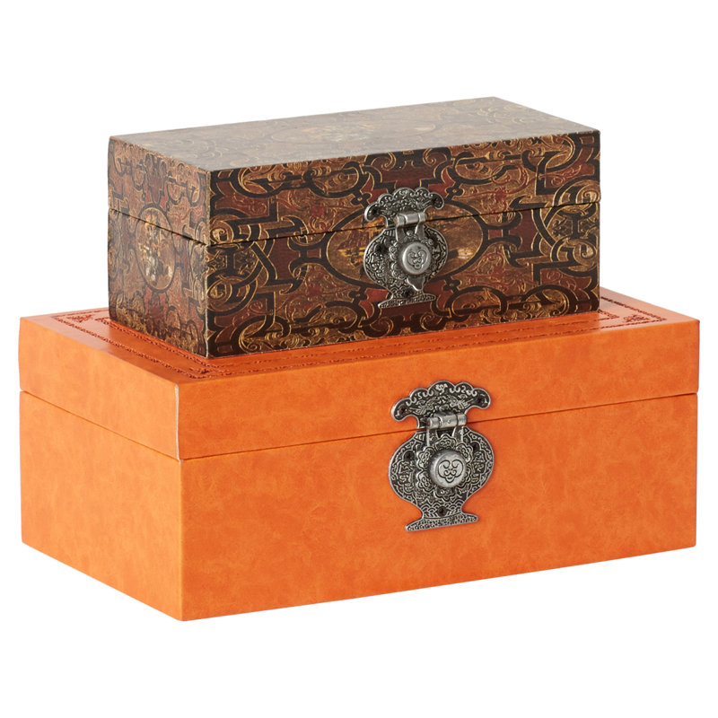 Boîte à bijoux en bois et similicuir avec couvercle , Brun et orange