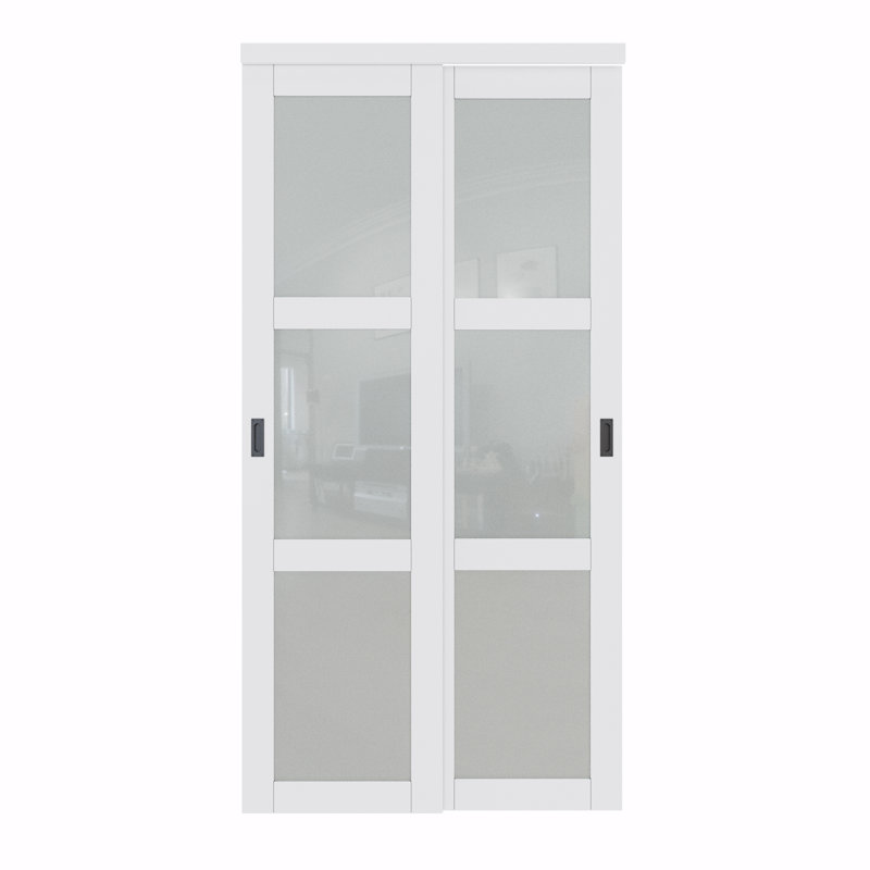 96"H Full-Assembled 3-Lite Primed Frosted Closet Sliding Doors With Hardware Kit & Handles, 48" x 96"