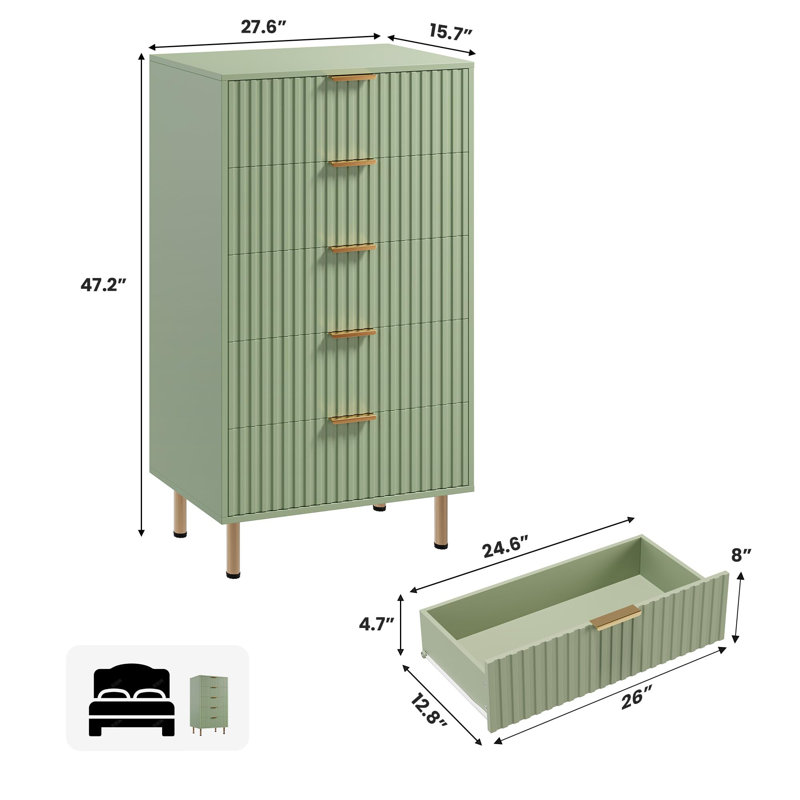 Commode 5 tiroirs 48 po pour chambre à coucher, commode moderne avec rangement profond 48 po, Vert