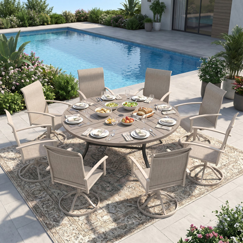 8-Person Outdoor Patio Dining Set With Swivel Chairs, Gray Woodlike/Black/Sand