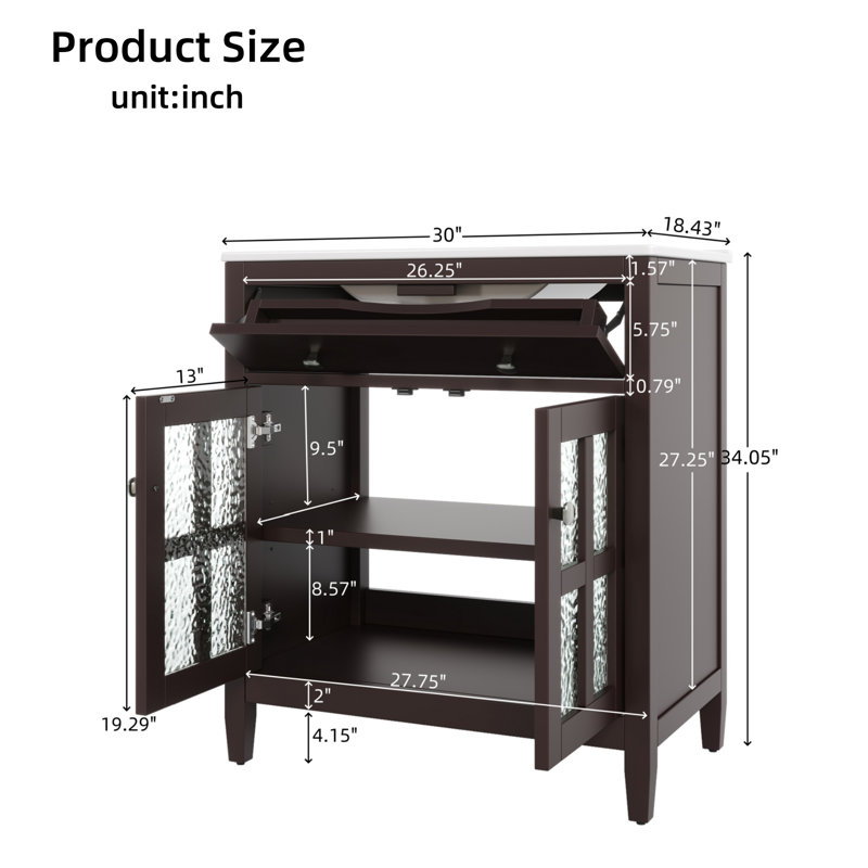 Meuble-lavabo de 30 pouces avec lavabo en céramique avec tablettes réglables et plateau réversible, Brun