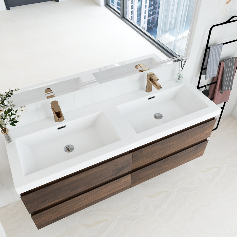 Princeton 60'' Double Bathroom Vanity with Resin Top, Rose Wood