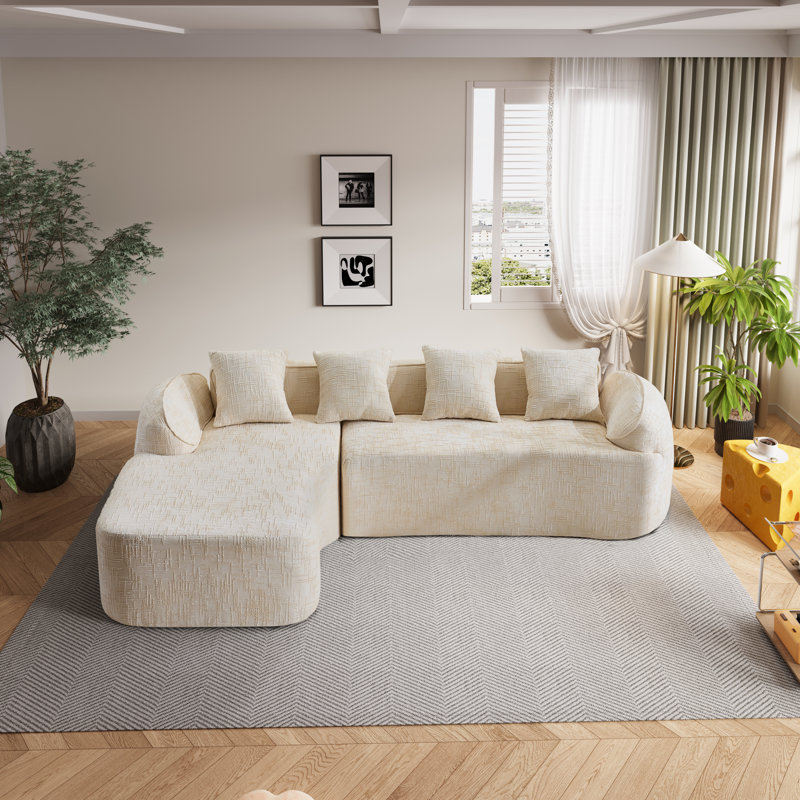 Chenille Boneless L-shaped Sectional Sofa With Curved Armrests And 4 Pillows, , Space-saving Compressed Design, Left-facing