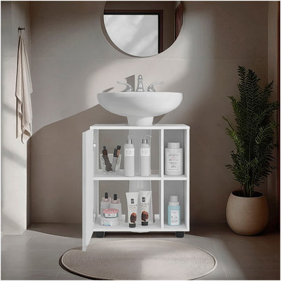 Pascuale Two Side Shelves Under Sink Cabinet With One Doors, Cut-Out Back, Compact 22 Freestanging Bathroom Storage, White