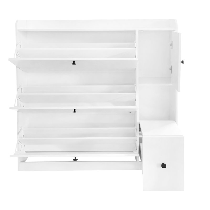 Armoire à chaussures blanche avec siège rétractable et tablettes réglables pour 24 paires de systèmes de rangement élégants à 3 tiroirs, finition