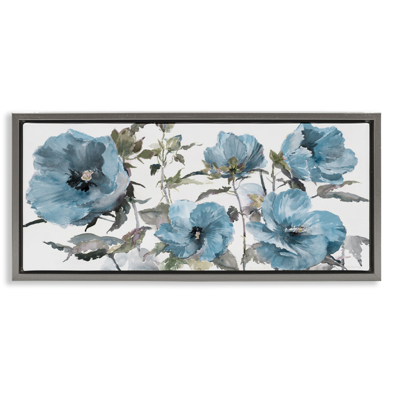  Coquelicots bleus sur toile flottante encadrée par Theresa Heidel, H 14 po x l 31 po, Cadre flottant gris lustré