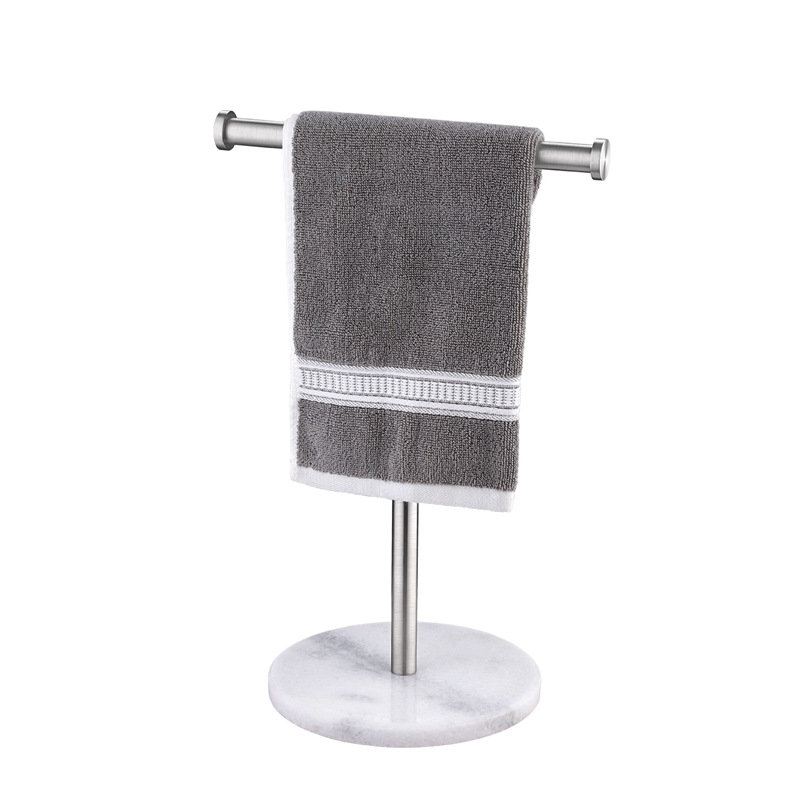 Marble Base T-Shaped Countertop Towel Holder, Stainless Steel with Round Natural Marble, Silver Finish Freestanding Rack for Kitchen and Bath
