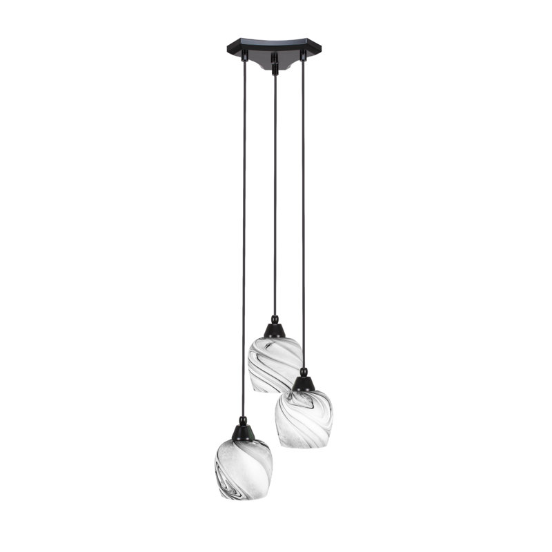 Europa 3 Light Cord Cluster Pendalier Shown In Matte Black Finish With 6" Onyx Swirl Glass