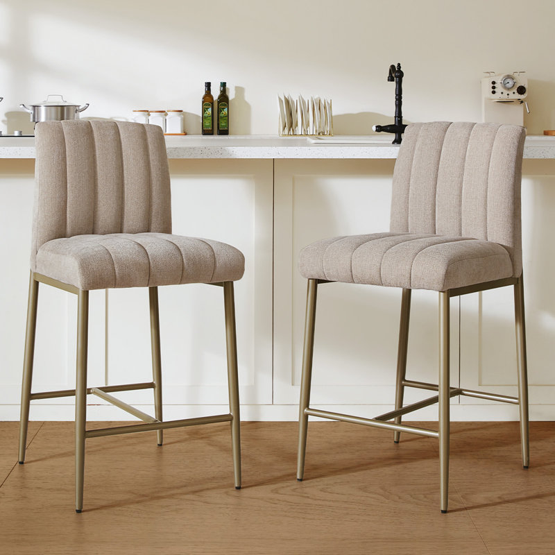 Comfortable Bar Stools Set of 2, 26” Thick Upholstered Counter Height Bar Stools with Back, Linen Counter Stools with Metal Legs for Kitchen Island, Khaki