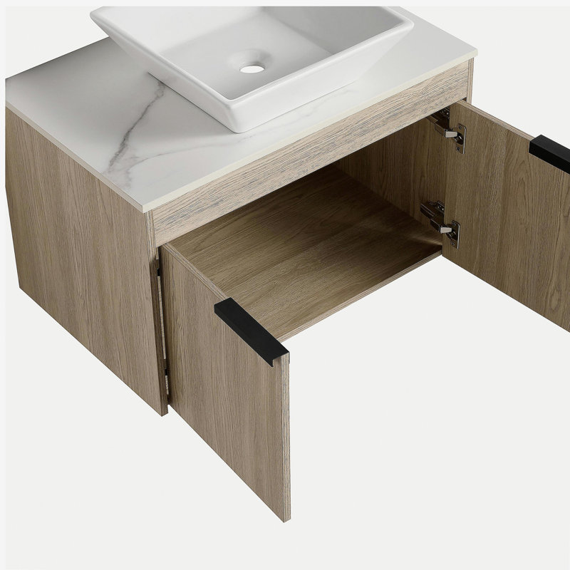 Ensemble de coiffeuse flottante 30 po avec ensemble de bols en céramique, coiffeuse murale blanche avec porte, Carrée