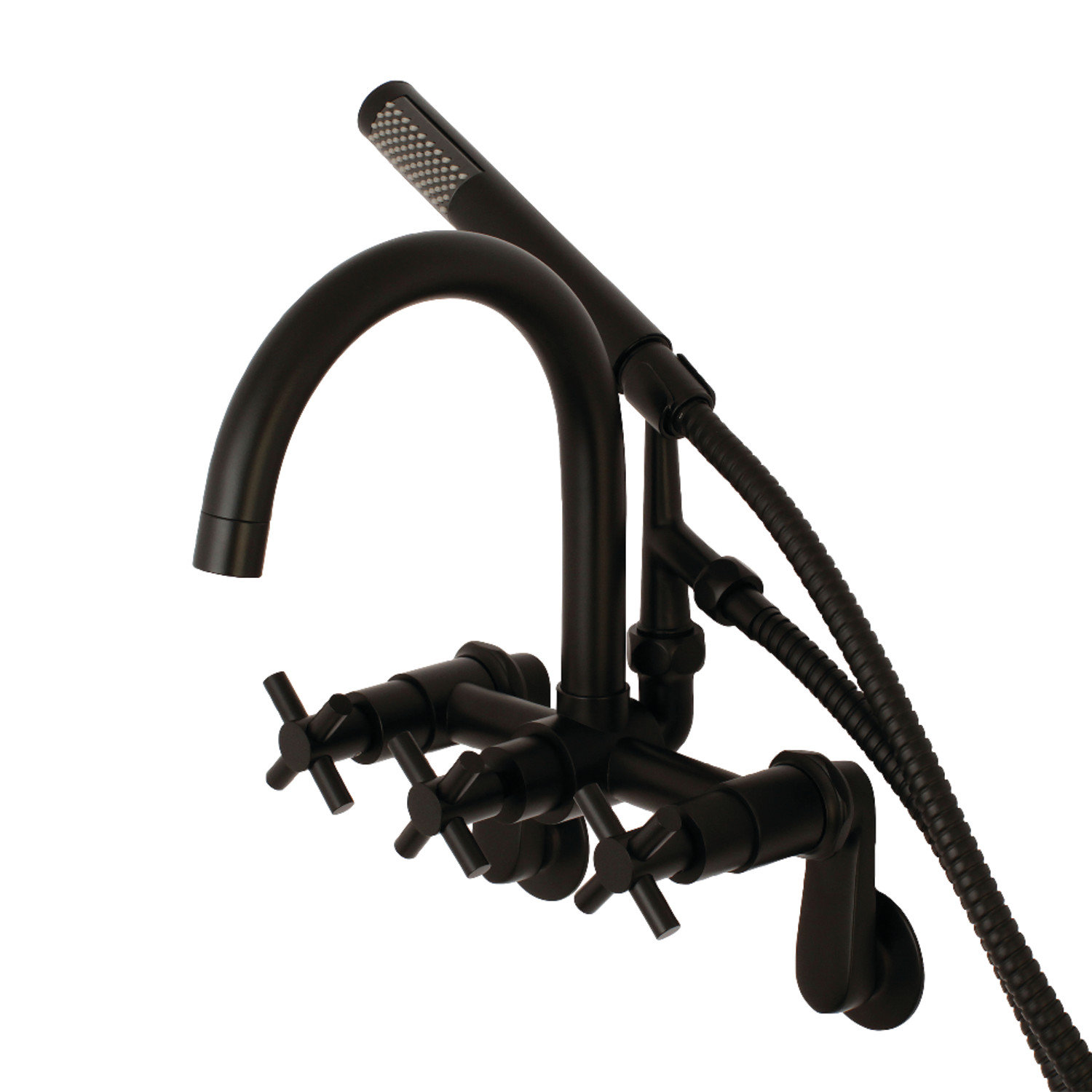 Kingston Brass Concord Three-Handle 2-Hole Tub Wall Mount Clawfoot Tub Faucet with Hand Shower, Matte Black