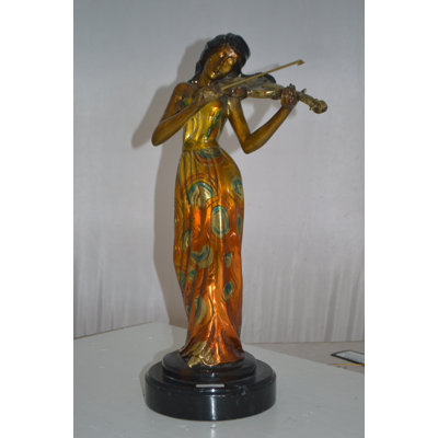 Biyanka Girl Playing the violin Bronze Statue -  Size: 10"L x 7"W x 19"H.