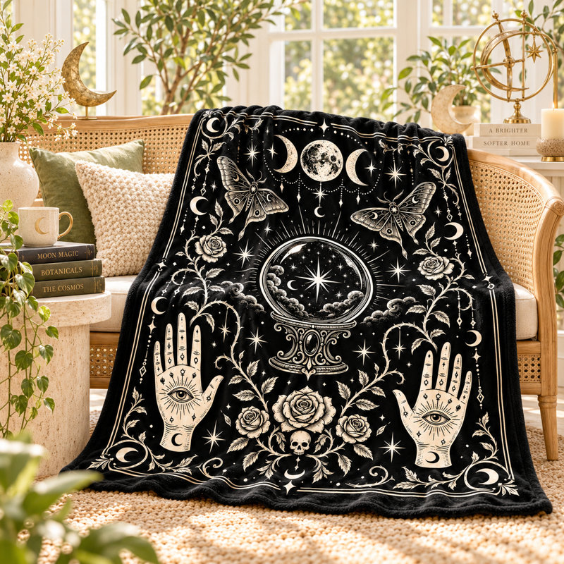 Celestial Moon Phase Blanket with Crystal Ball, Moths, Roses and Palmistry Hands, Black Ivory Flannel Throw for Couch, Bed, Reading and Travel, 30 x 40 in
