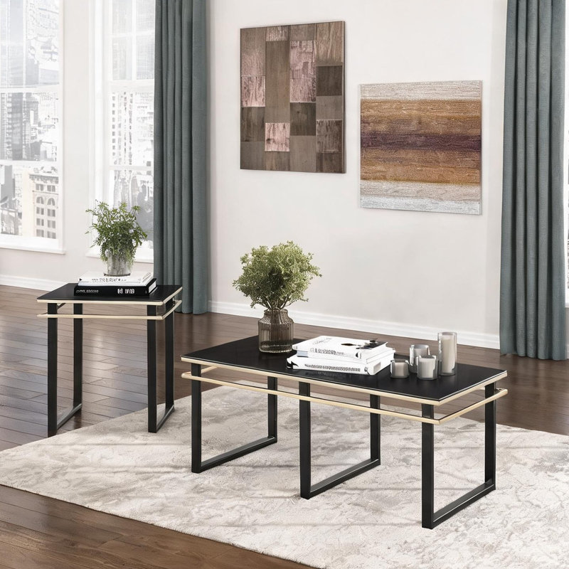 Ensemble de 3 tables d'appoint modernes avec plateau en verre trempé et structure en métal noir, comprenant une table basse et deux tables de bout, de forme rectangulaire et carrée