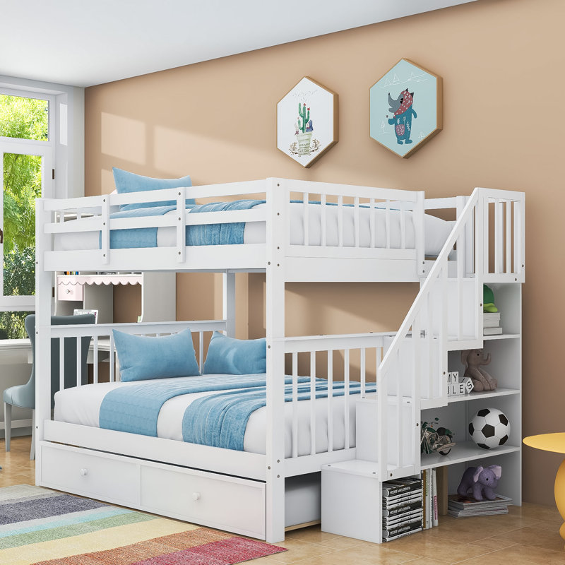 Full Over Full Wooden Bunk Bed With Twin Trundle And Staircase Storage, White