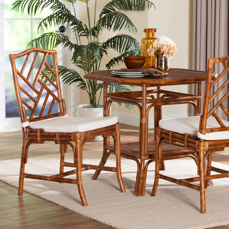 bali & pari Rio Marbled Tortoise Natural Rattan Dining Chair - Handwoven Wicker Accent Side Chair with Removable Cushion, for Dining Room or Accent Seating