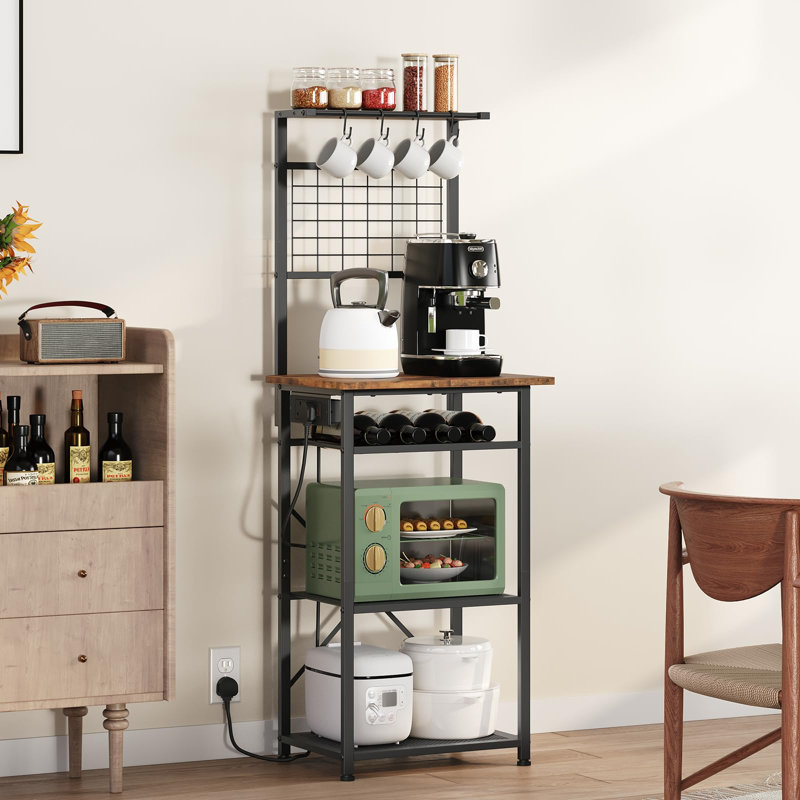 Bakers Rack, Microwave Stand With Power Outlet, Coffee Bar Station With Wine Rack And Hooks, Kitchen Storage Shelf