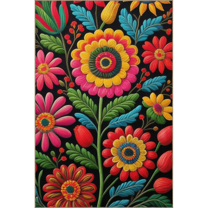 Tapis décoratif noir multicolore à motif floral tournesol moderne, Rectangle 2 pi 4 po x 4 pi
