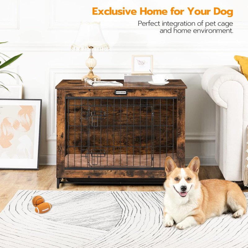 Medium Brown Wooden Dog Crate Table with Metal Bars