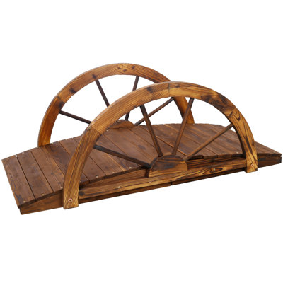 Pont de jardin monobloc en bois de sapin de 1 m (3,3 pi), brun, design en arc, rambardes à demi-roues