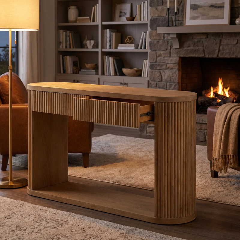Console ovale cannelée avec 2 tiroirs et tablette inférieure - Table d'entrée en bois avec glissières en métal lisse pour le salon