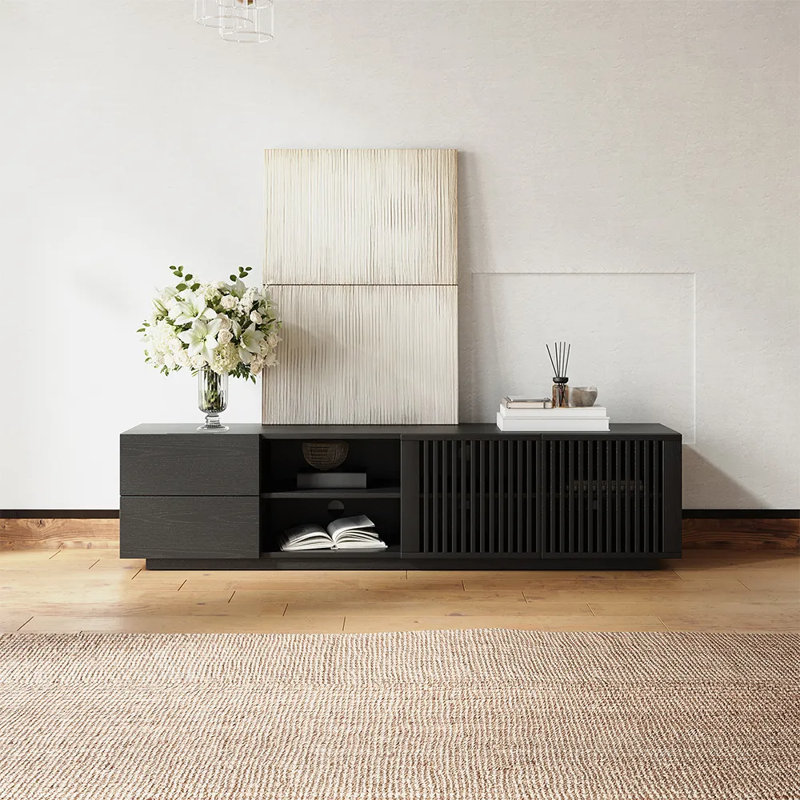Mid-Century Modern TV Stand, Fully Assembly, Black, 19.69”H x 15.75”L x 70.87”W
