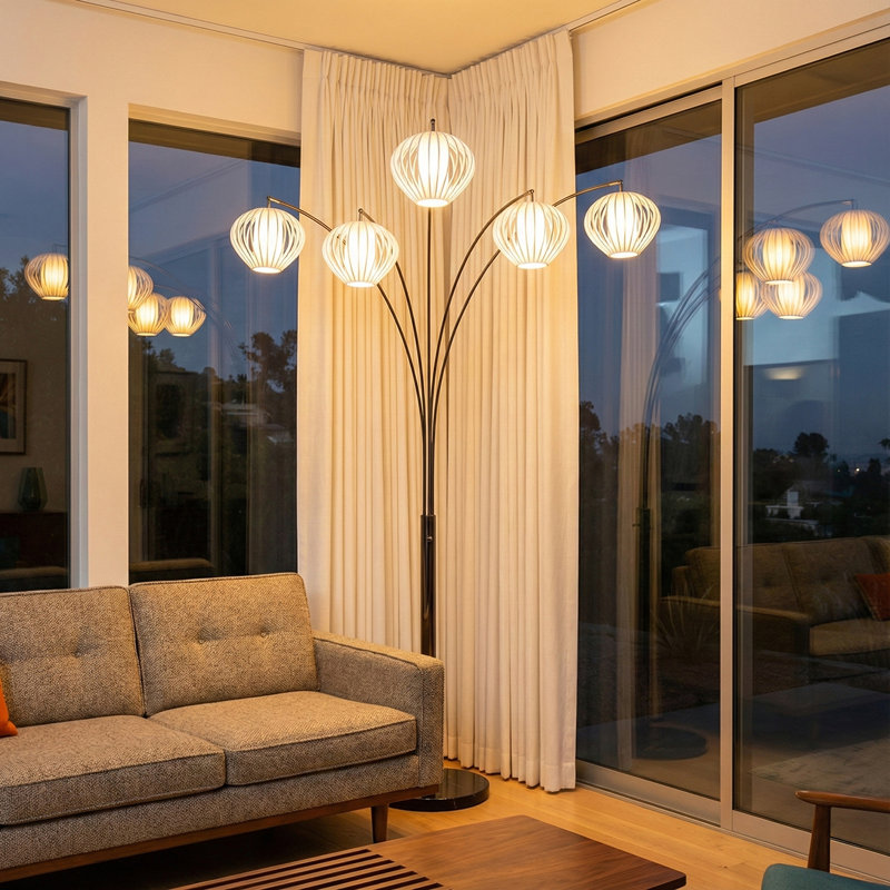 Lampe sur pied à 5 lumières Bloom - nickel noir, base en marbre noir, abat-jour en satin blanc