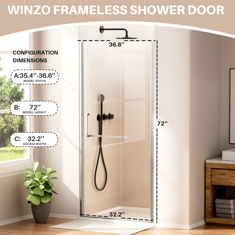 36 In. W X 72 In. H Pivot Frameless Shower Door In Brushed Nickel Finish With Tempered Glass, Brushed Nickel