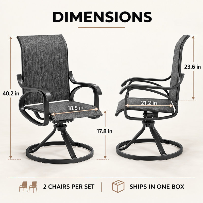 Premium All-Weather Swivel Patio Dining 40-Inch High Back Sling Armchairs (Set of 2) -Dark Gray, Dark Gray