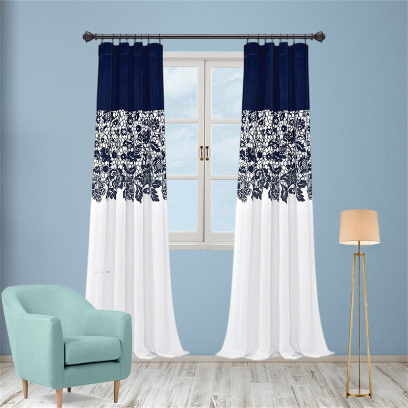 Navy and White Floral Blackout Polyester Window Panels