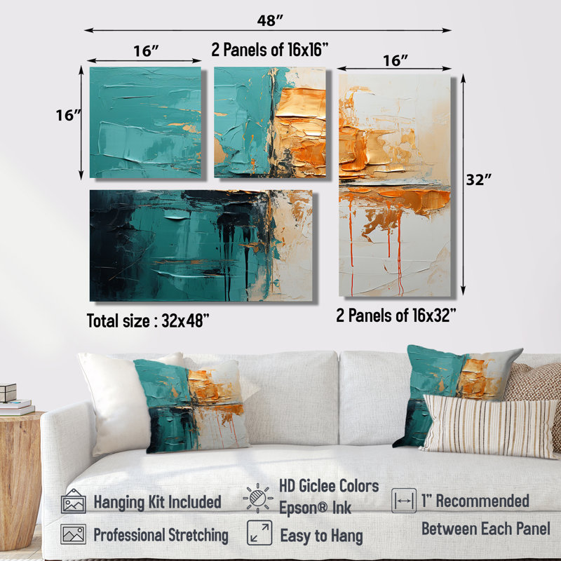 «Adventure in Turquoise Orange» - art mural turquoise 4 pièces, Noir, Impression encadrée sans passe-partout