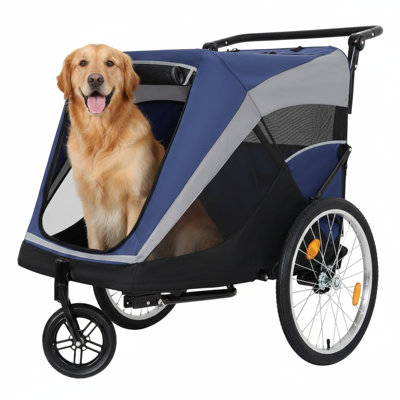 Remorque de vélo 2 en 1 et chariot à pousser pour animaux de compagnie - Attache de vélo détachable et poignée de poussée incluse - Roue à dégagement rapide, laisse interne, poches à deux gobelets et sac de rangement en dessous, peut contenir des animaux de compagnie jusqu'à 100 livres