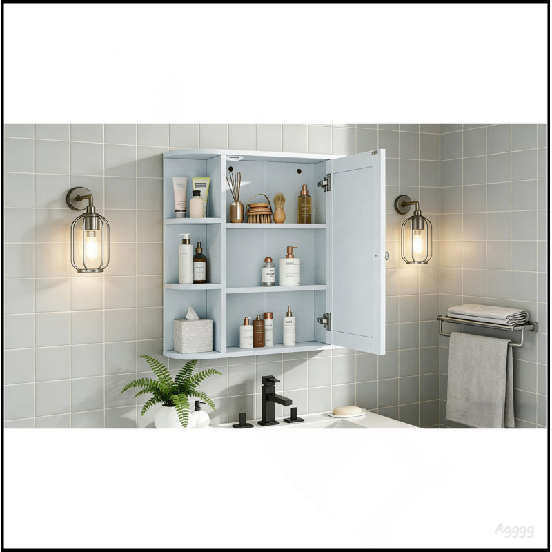 Bathroom Wall Storage Cabinet With Mirror, Medicine Cabinet With Adjustable Wood Shelf & Doors, Mounted Storage Cabinets With 6 Open Shelves, White