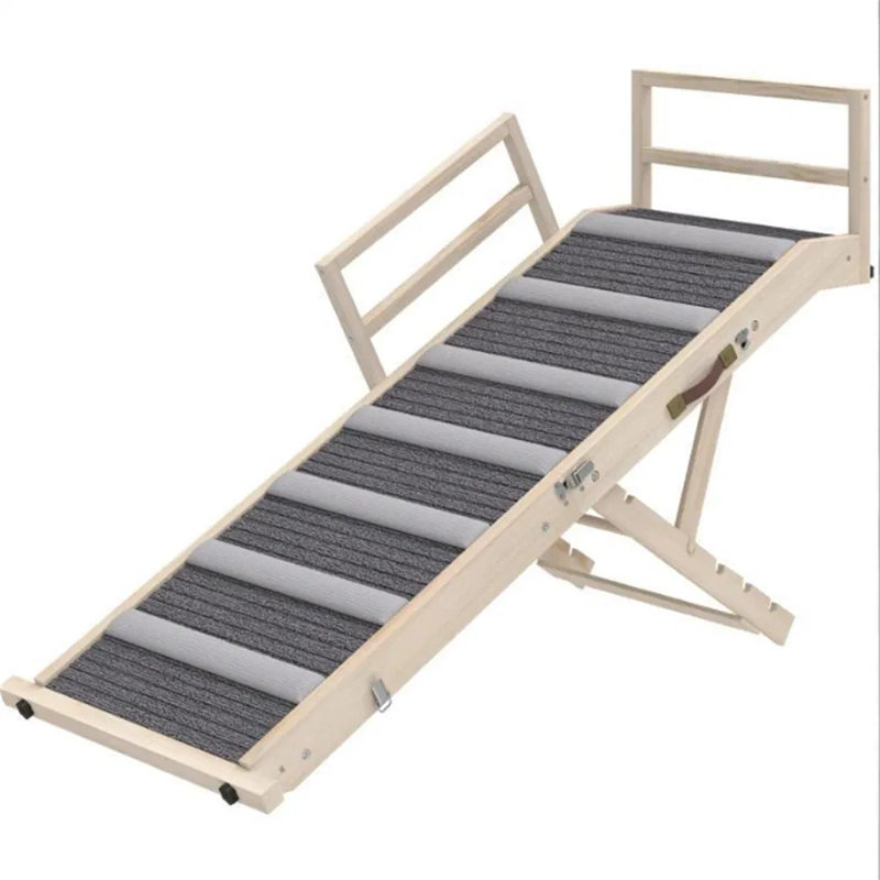 Rampe pour chien pliante à hauteur réglable en bois de pin avec garde-corps, surface antidérapante recouverte de tapis à 4 niveaux de support pour rampe de sécurité