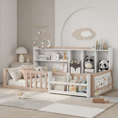 Kids Wooden Platform Bed Frame with Guardrail Fence, Side Storage Shelves  Book Shelf