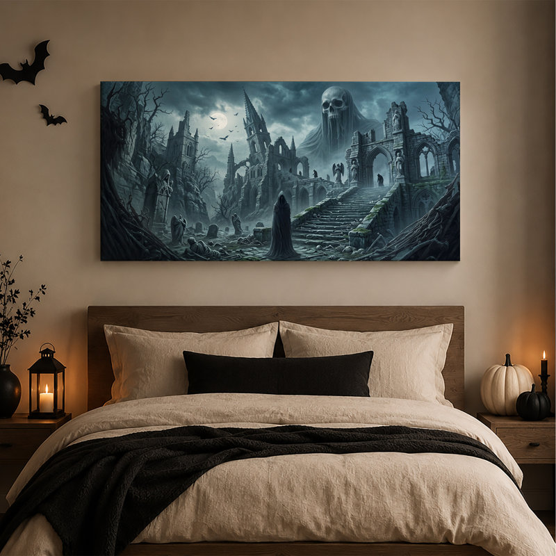«Gothic Ruins With Giant Skull And Moon», art mural sur toile, 40"W x 20"H
