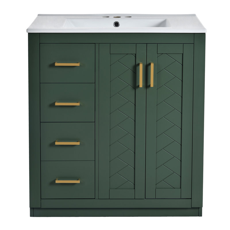 30'' Single Bathroom Vanity With Ceramic Top, Green, Gold