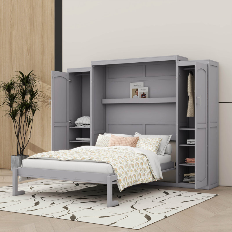Lit escamotable peu encombrant avec garde-robes doubles et tablette de rangement pratique, Gris, Lit double