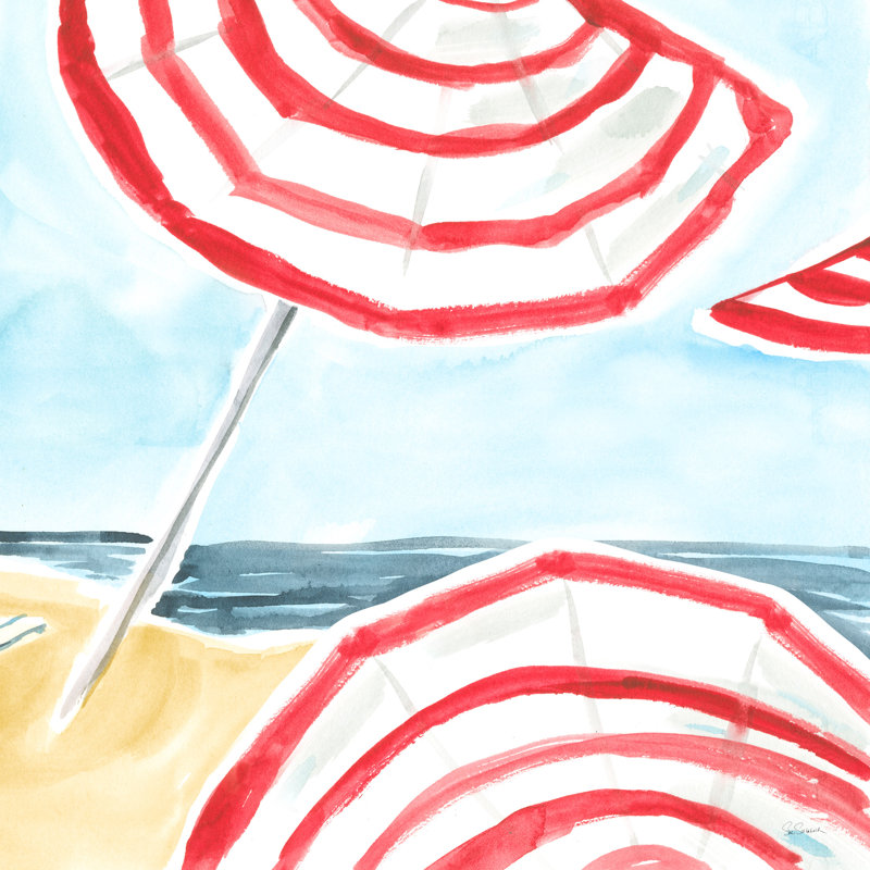 Striped Umbrella Beach, Sand, Shoreline, Coastal, Coast, Red, White, Blue, Teal, Tan, 26" H x 50" W x 1.5" D